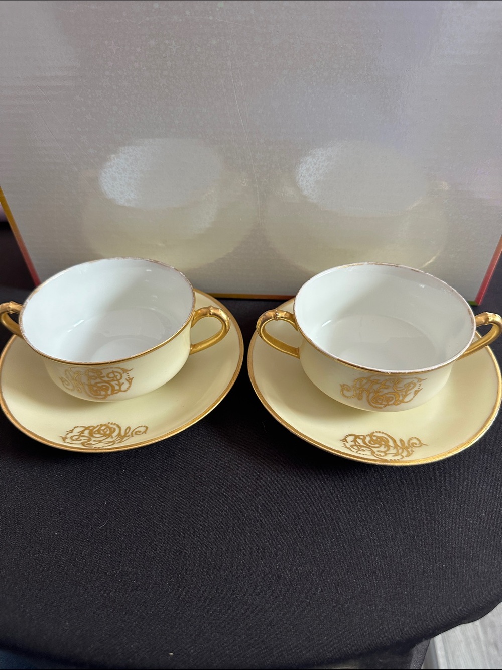 Haviland Pale Yellow and Gold Double-Handled Tea Cup Set with Saucers
